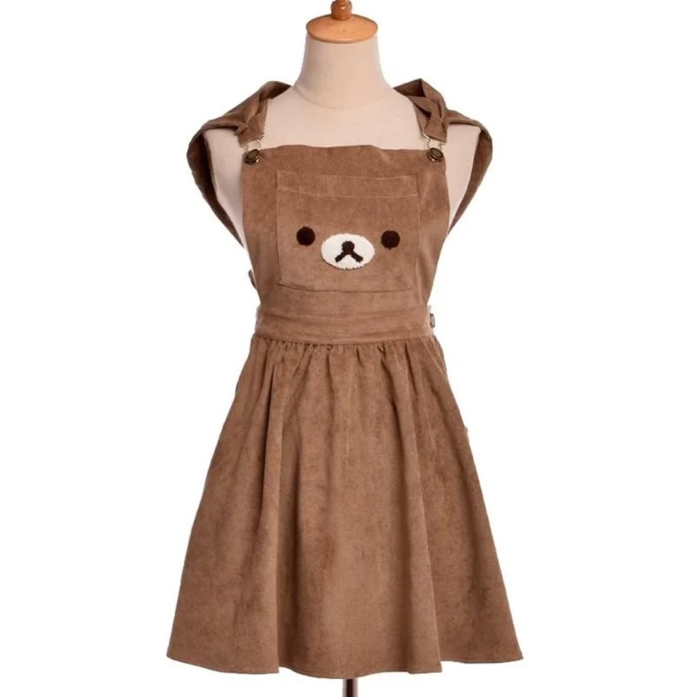 Rilakkuma Kawaii Brown Corduroy Overall Cosplay Dress w/ Hoodie Ears & Pockets